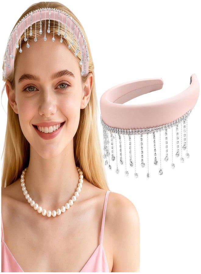 PLwelth Rhinestone Padded Headband for Women Girls Sparkly Bling Crystal Tassel Headband No Slip Wide Hairbands for Thin Thick Hair Pink Satin Hairband Fashion Hair Accessories for Wedding Party Decor - Image 1